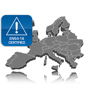 EN 54-16 certified logo for GLOBALCOM® 5400 product showing gray map